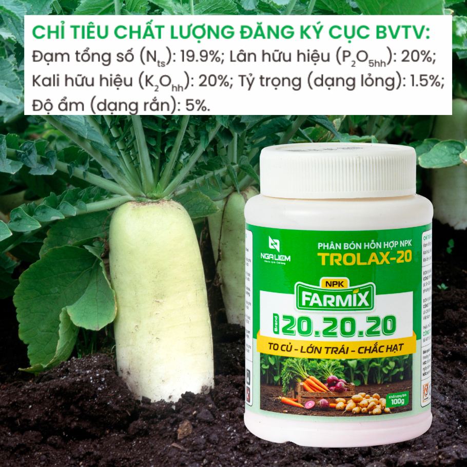 Phân Bón Lá NPK 20-20-20 Farmix (Trolax-20) – To Củ, Lớn Trái, Chắc Hạt