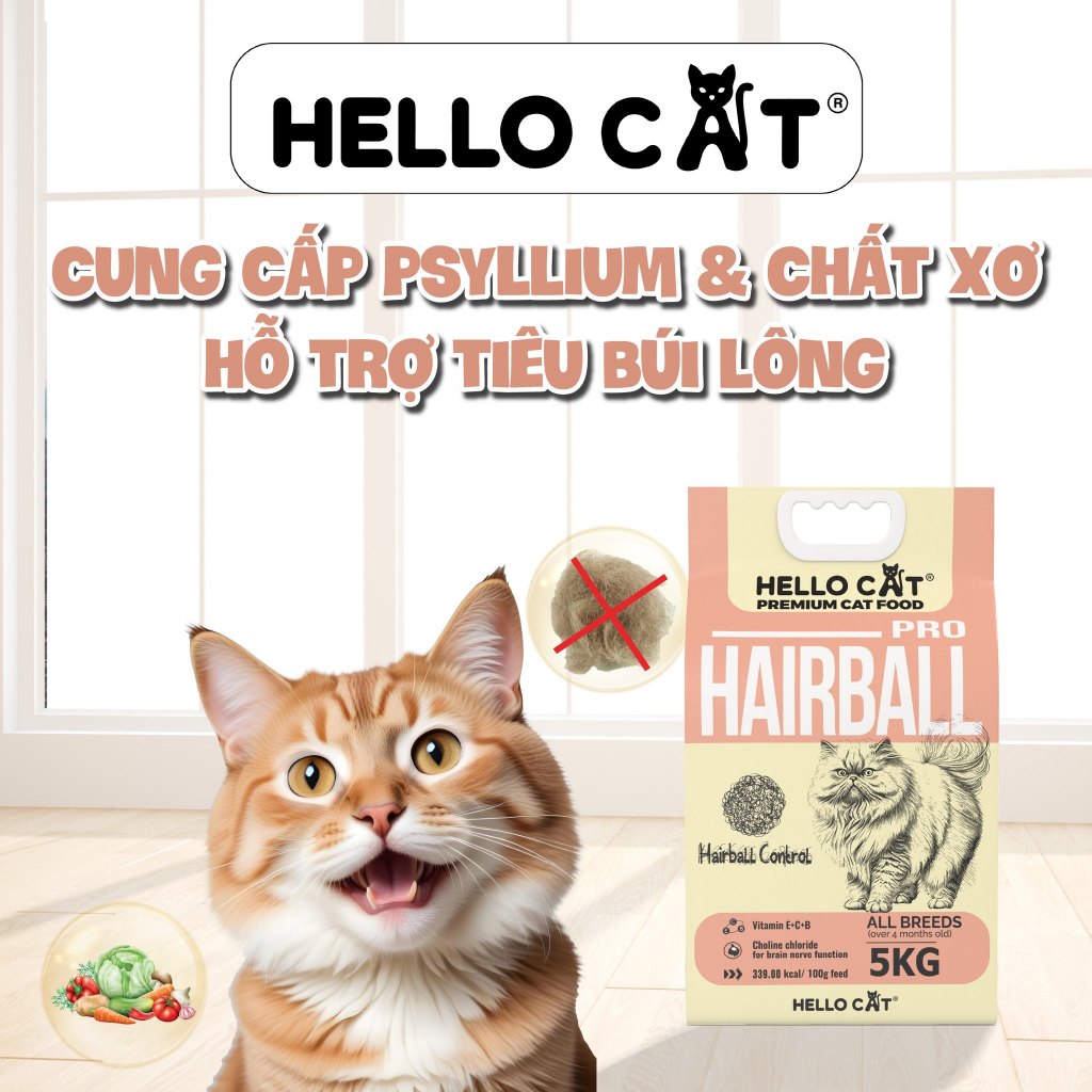Hạt Cho Mèo Hello Cat Hairball Túi 5kg – Hạt Dinh Dưỡng Hỗ Trợ Kiểm Soát Búi Lông Cho Mèo