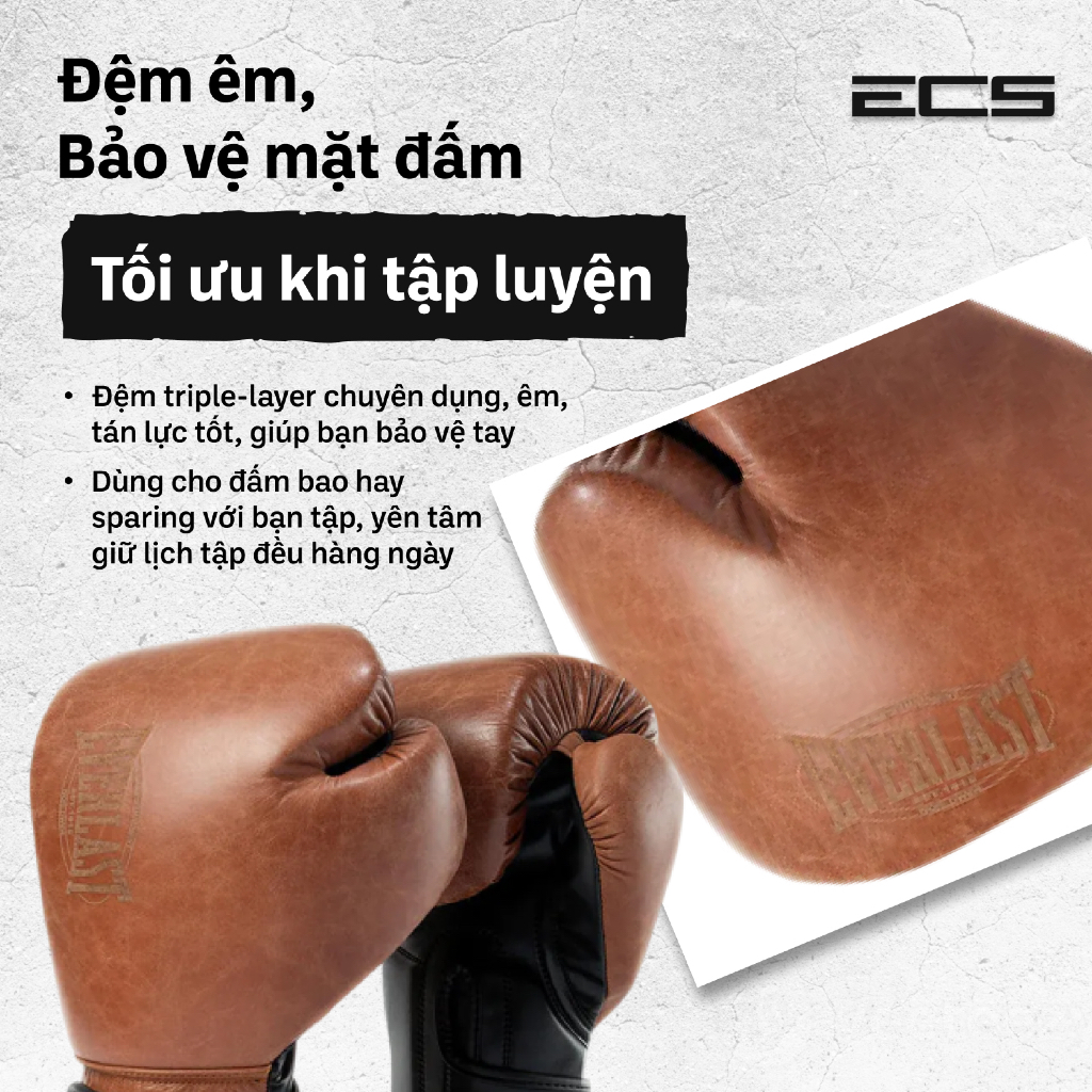 Găng tay boxing Everlast 1910 Advanced, Đệm đa lớp êm, Khóa cổ tay chắc, Lòng trong thoáng khí