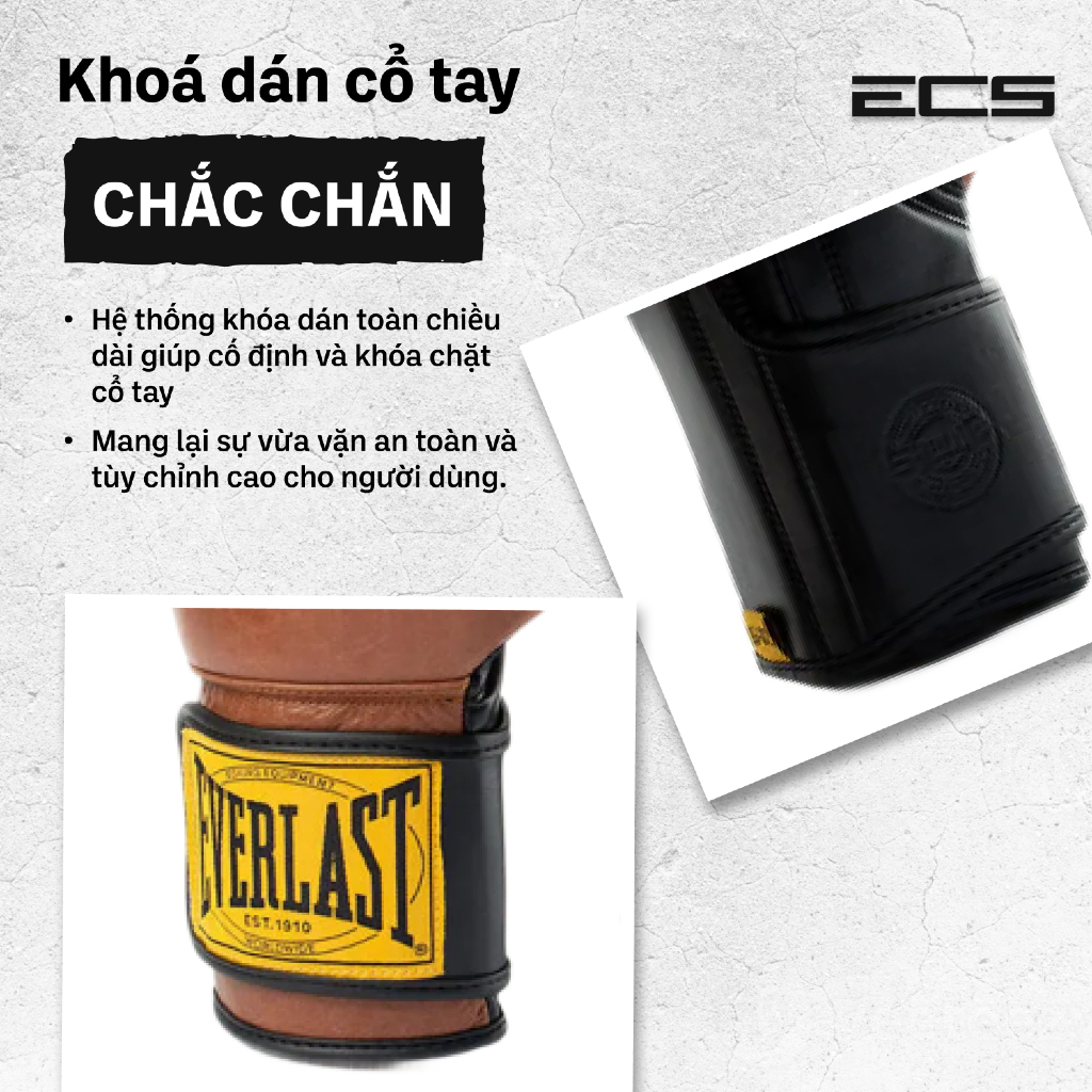 Găng tay boxing Everlast 1910 Advanced, Đệm đa lớp êm, Khóa cổ tay chắc, Lòng trong thoáng khí