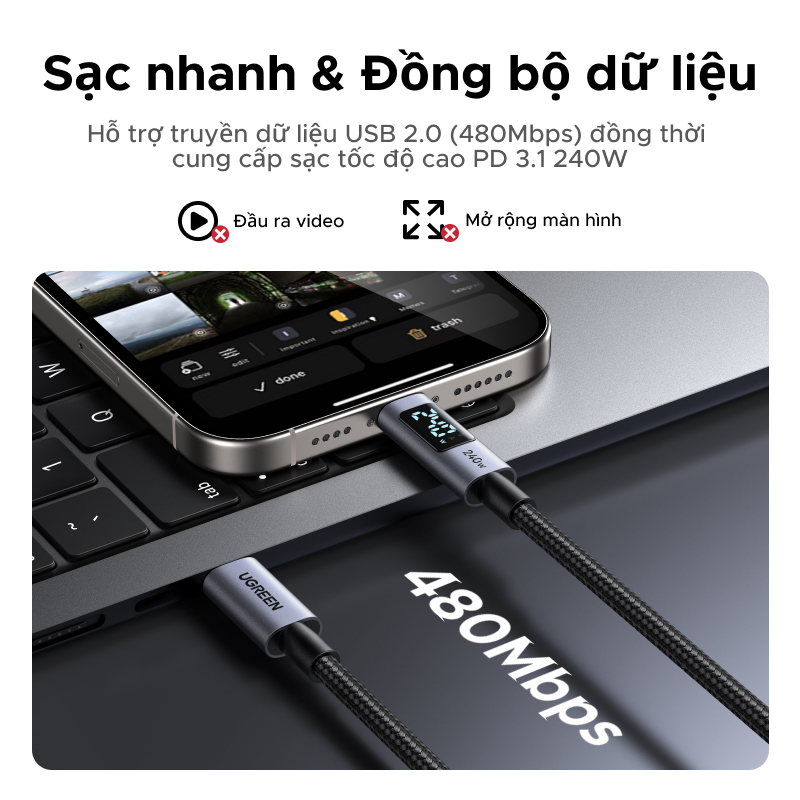 【240W】Cáp dữ liệu sạc UGREEN  USB 2.0 USB-C sang USB-C Cáp hiển thị kỹ thuật số bện bằng nhôm for iPhone 17 / 16 / 15 | BigBuy360 - bigbuy360.vn