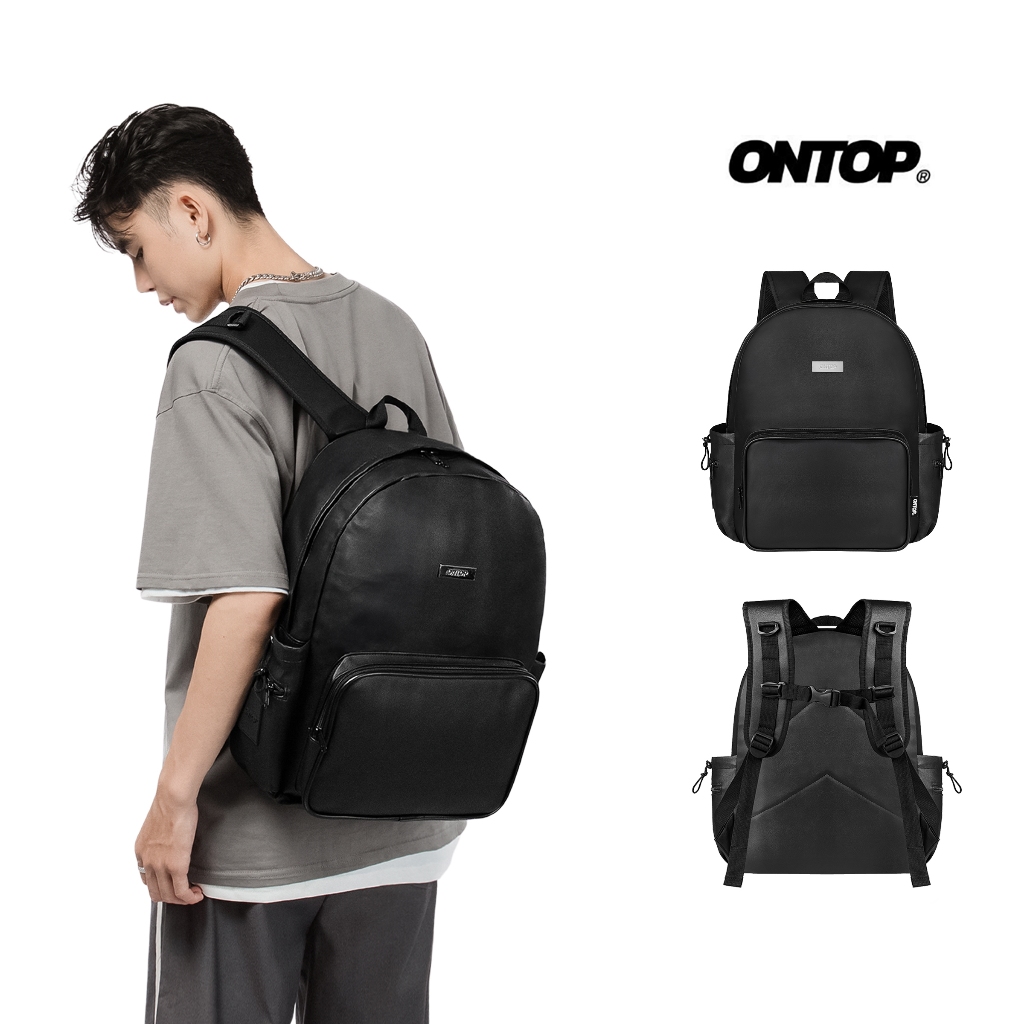 Balo da đen trơn đi học nam nữ ONTOP chống nước nhiều ngăn đựng laptop ...