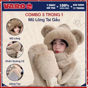 Combo 3in1 Mũ Lông Tai Gấu VARO – Kèm Khăn Quàng Cổ + Găng Tay – Lông Cừu Mềm Ấm – Dài 1m5 – Hàng Loại 1