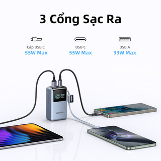 UGREEN Power Bank 10000mAh 55W kèm cáp USB C tích hợp 3 cổng Sạc di động du lịch máy tính xách tay, đèn LED màn hình