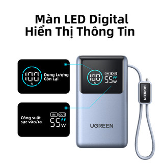 UGREEN Power Bank 10000mAh 55W kèm cáp USB C tích hợp 3 cổng Sạc di động du lịch máy tính xách tay, đèn LED màn hình