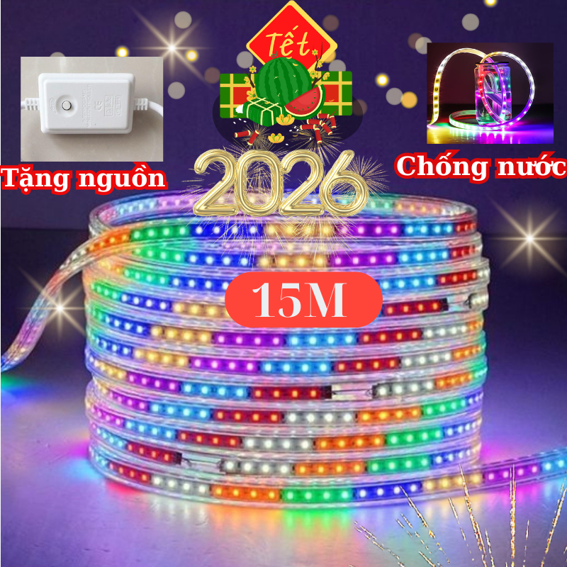 30M dây đèn led 2835 nháy đuổi bọc plastic chống nước tặng kèm nguồn đèn led hắt trần trang trí tết