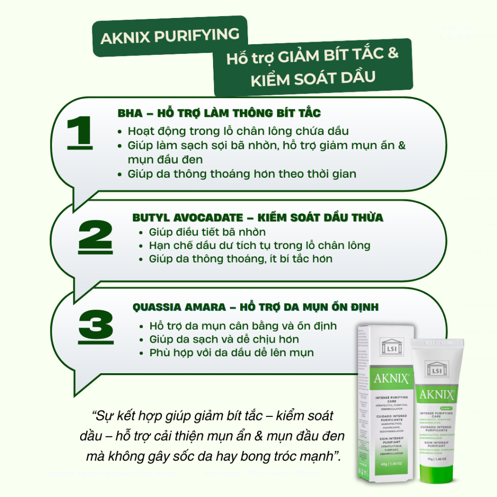 Kem AKNIX Purifying Hỗ Trợ Giảm Bít Tắc – Kiểm Soát Dầu Cho Da Dầu Mụn Ẩn, Mụn Đầu Đen (40g)