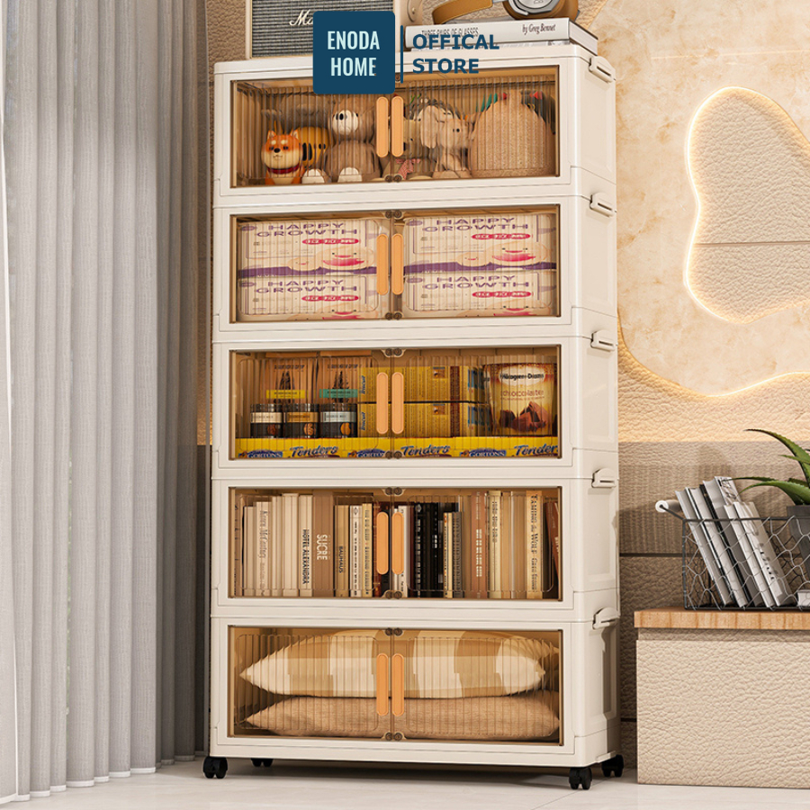 Tủ Nhựa Gấp Gọn ENODA HOME, Tủ Đựng Đồ Đa Năng, Đựng Quần Áo Có Bánh Xe 360 Cửa Trong Suốt TUN053