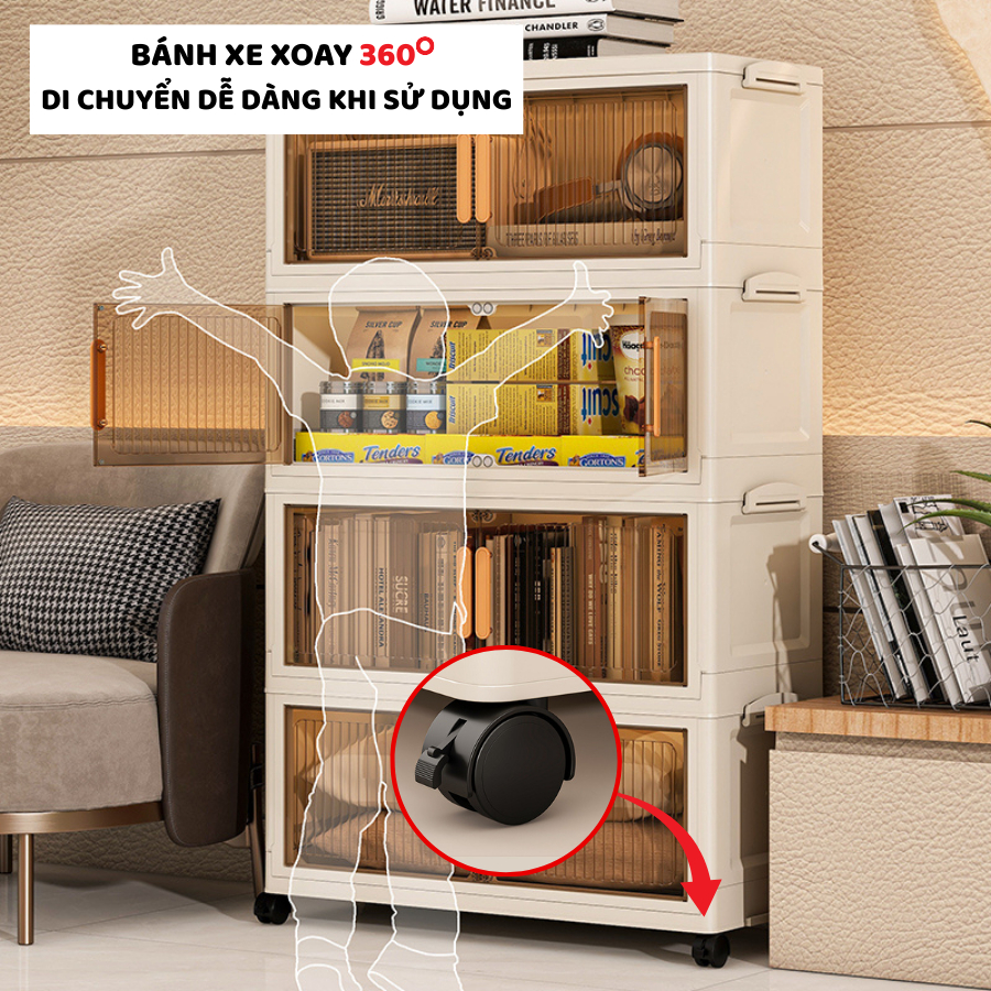 Tủ Nhựa Gấp Gọn ENODA HOME, Tủ Đựng Đồ Đa Năng, Đựng Quần Áo Có Bánh Xe 360 Cửa Trong Suốt TUN053