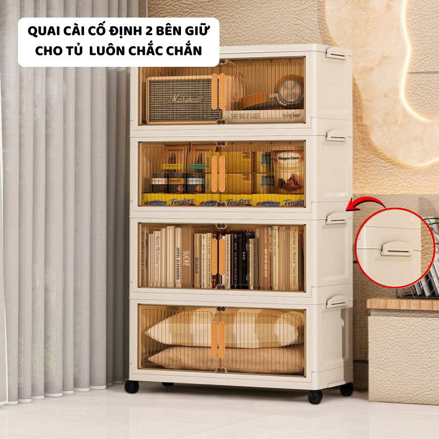 Tủ Nhựa Gấp Gọn ENODA HOME, Tủ Đựng Đồ Đa Năng, Đựng Quần Áo Có Bánh Xe 360 Cửa Trong Suốt TUN053