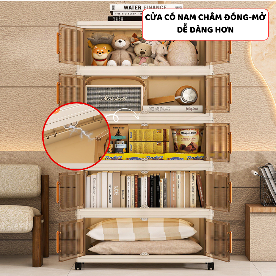 Tủ Nhựa Gấp Gọn ENODA HOME, Tủ Đựng Đồ Đa Năng, Đựng Quần Áo Có Bánh Xe 360 Cửa Trong Suốt TUN053