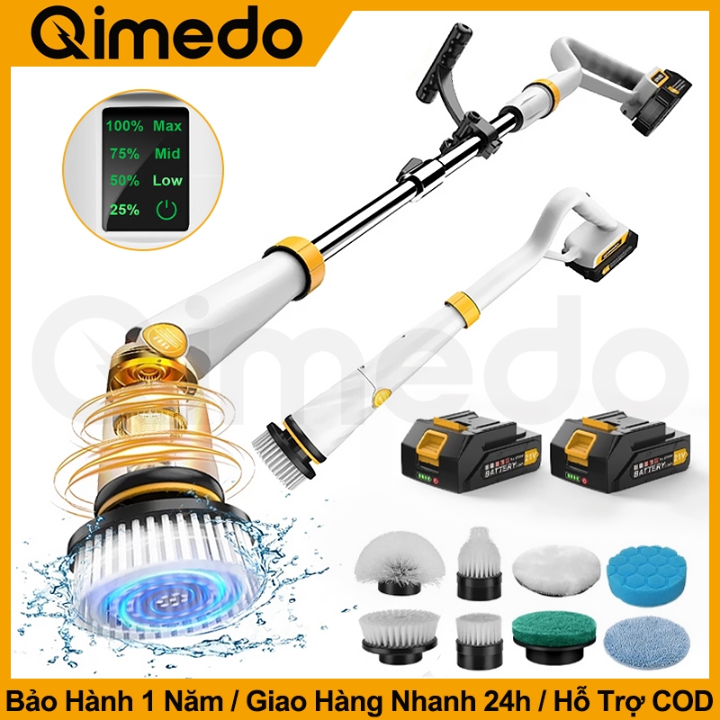 QIMEDO MÁY CHÀ SÀN ĐIỆN XOAY Q2 Pro - 1500RPM, MÀN HÌNH HIỂN THỊ, BỘ 8 BÀN CHẢI, VỆ SINH NHÀ TẮM/SÀN GẠCH KHÔNG DÂY