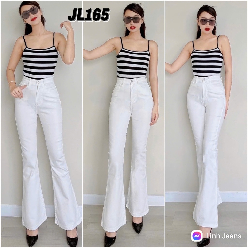 98-100cm Quần Jeans Nữ Lưng Cao Ống Loe Dài Phối Túi Hộp Sau Thời Trang CO giãn