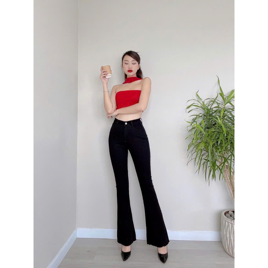 98-100cm Quần Jeans Nữ Lưng Cao Ống Loe Dài Phối Túi Hộp Sau Thời Trang CO giãn