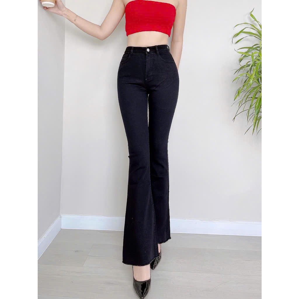 98-100cm Quần Jeans Nữ Lưng Cao Ống Loe Dài Phối Túi Hộp Sau Thời Trang CO giãn