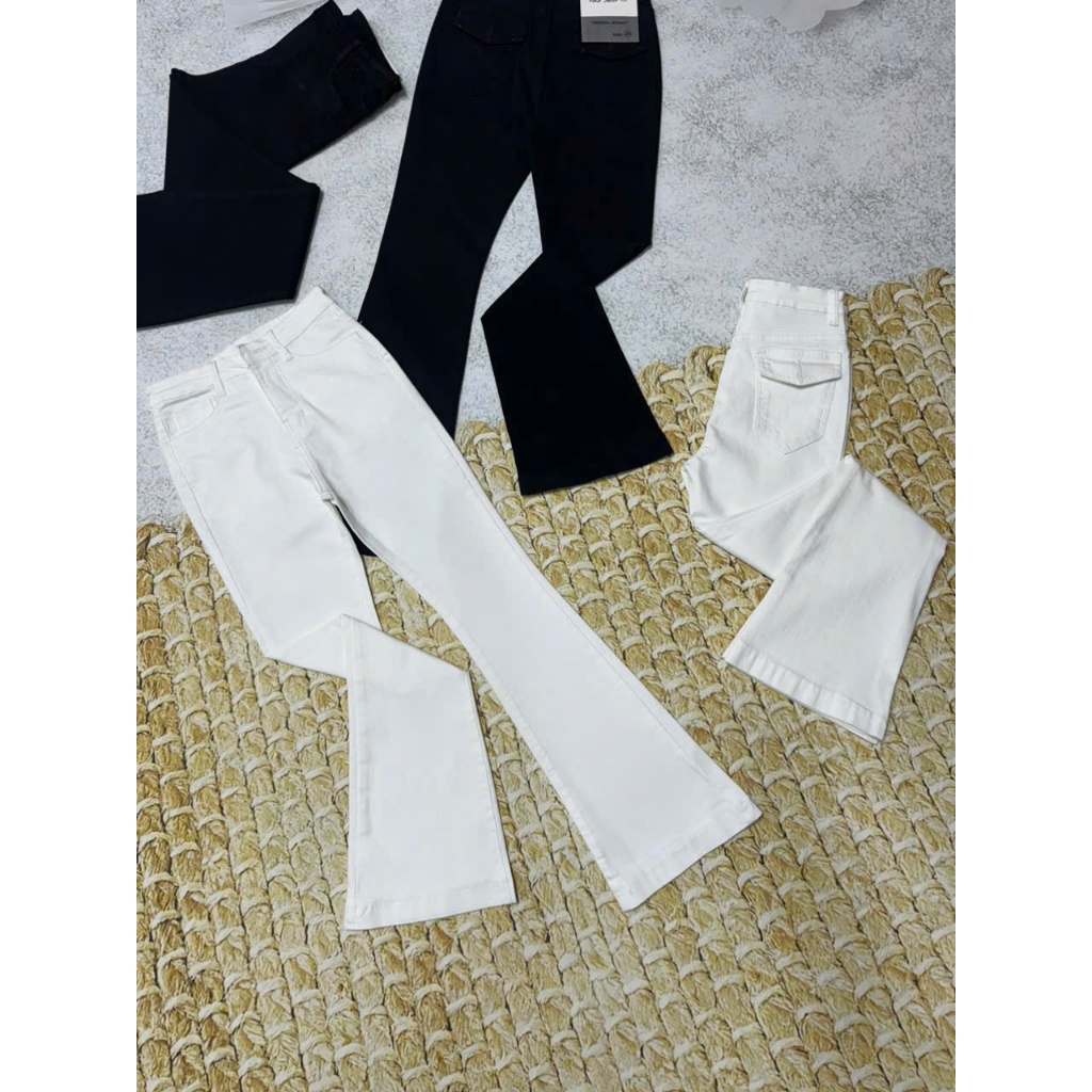 98-100cm Quần Jeans Nữ Lưng Cao Ống Loe Dài Phối Túi Hộp Sau Thời Trang CO giãn