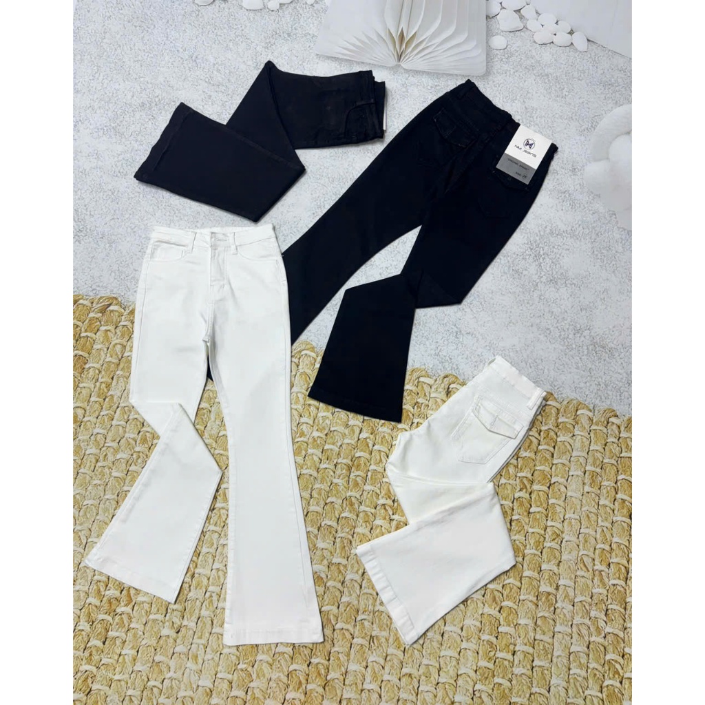 98-100cm Quần Jeans Nữ Lưng Cao Ống Loe Dài Phối Túi Hộp Sau Thời Trang CO giãn