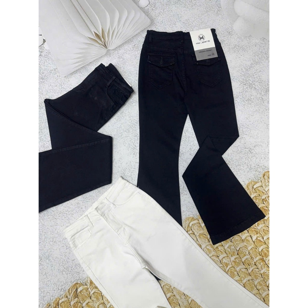 98-100cm Quần Jeans Nữ Lưng Cao Ống Loe Dài Phối Túi Hộp Sau Thời Trang CO giãn