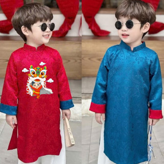 [KÈM QUẦN]Áo dài cách tân cho bé trai, Bộ áo dài bé trai lễ tết in hình chất lụa gấm 2 da cao cấp mềm mại DA11- BIATON