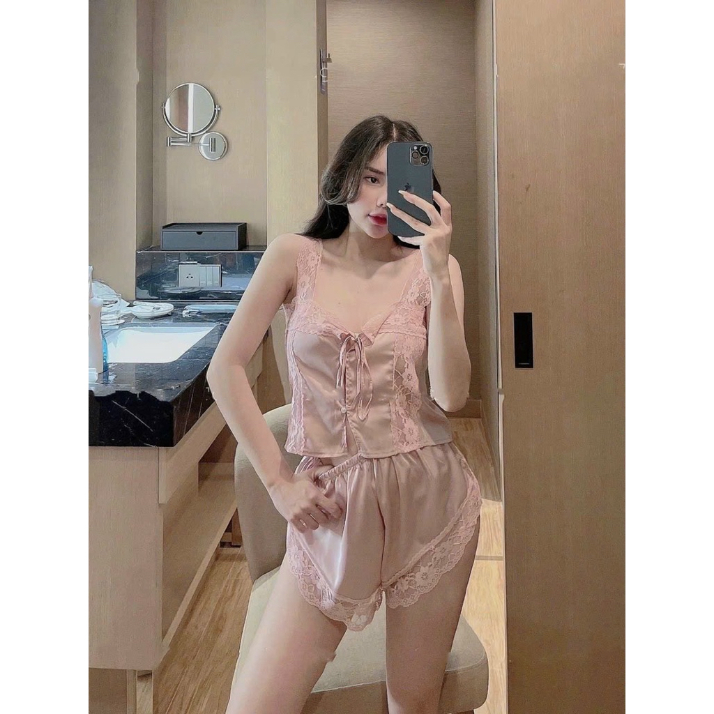Đồ Ngủ Sexy SLADY Đồ Ngủ Nữ Lụa Satin Pha Ren Cao Cấp Mềm Mại Xinh Xắn Gợi Cảm Quyến rũ - VNS94