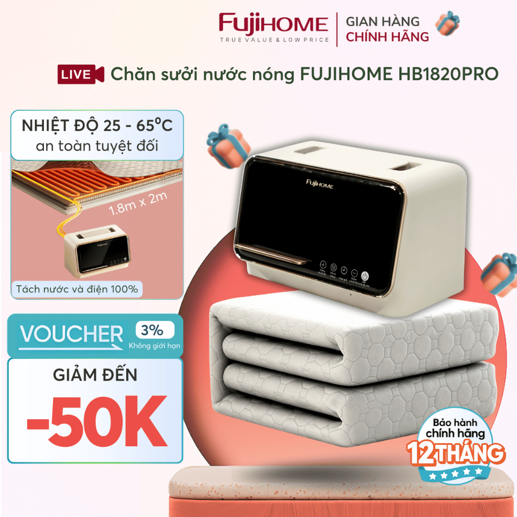 Chăn sưởi điện 1,8m x 2m dùng nước FUJIHOME HB1820PRO, mền 65 độC làm ấm điều khiển từ xa có hẹn giờ