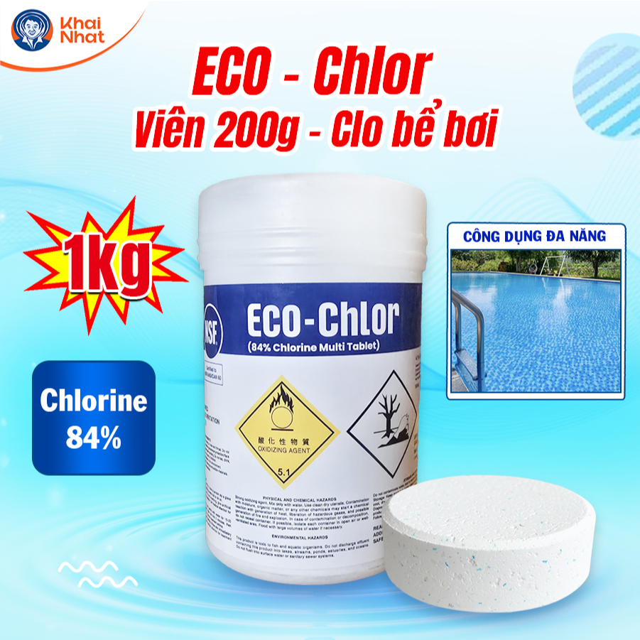 Eco Chlor - Clo viên 200g - Chlorine 84% Clo bể bơi,diệt rêu tảo,trợ lắng,làm trong nước (5 viên/hũ)