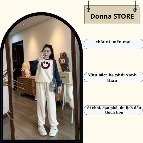 Set đồ nữ, đồ bộ nữ DONNA HCOM3276 áo phối 2 màu in hoạ tiết dễ thương mix quần suông bo gấu