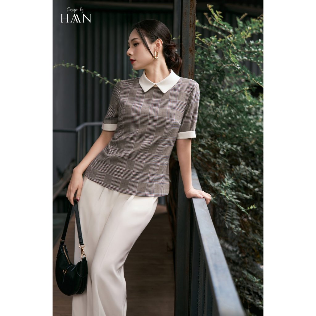 Áo Sơ Mi Kẻ Nâu Tay Ngắn Thiết Kế Cổ Bẻ Trắng HAAN Design SM1109