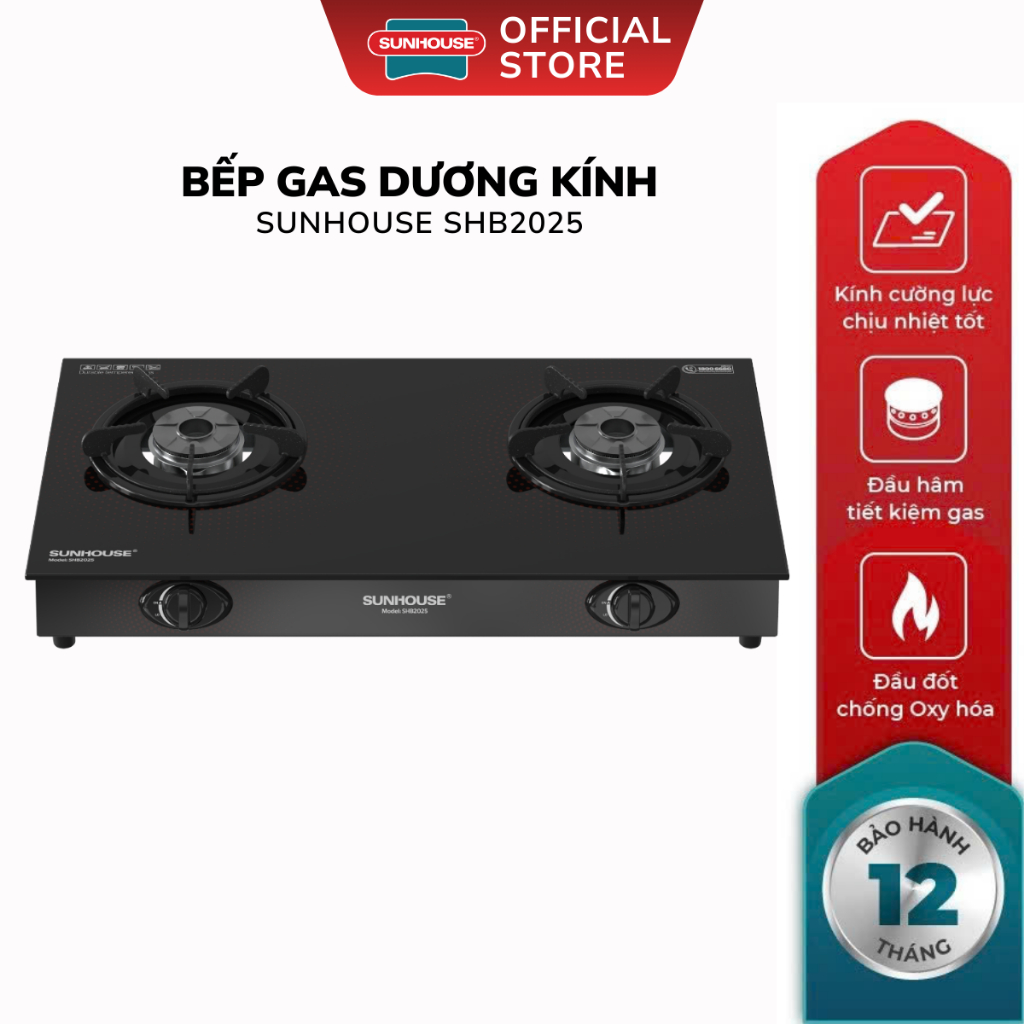 Bếp Gas Đôi Dương Kính Sunhouse SHB2025 - Bảo Hành 12 Tháng, Mặt Kính Cường Lực Toàn Phần Dày 7mm