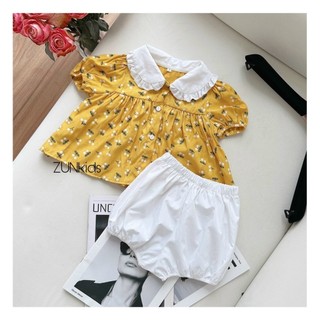 Áo Hoa Nhí Bé Gái Cổ Sen Tay Bồng – Cotton Thô Thoáng Mát, Form Rộng Dễ Thương