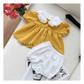 Áo Hoa Nhí Bé Gái Cổ Sen Tay Bồng – Cotton Thô Thoáng Mát, Form Rộng Dễ Thương