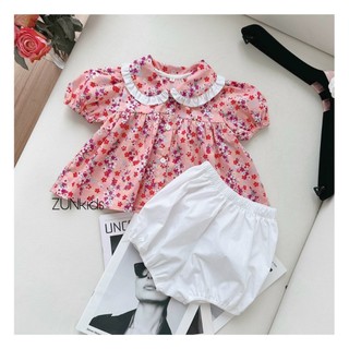 Áo Hoa Nhí Bé Gái Cổ Sen Tay Bồng – Cotton Thô Thoáng Mát, Form Rộng Dễ Thương