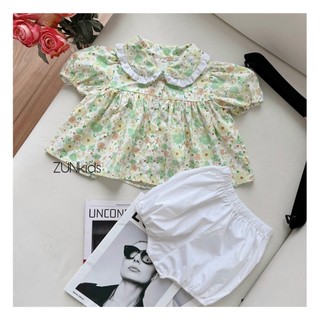 Áo Hoa Nhí Bé Gái Cổ Sen Tay Bồng – Cotton Thô Thoáng Mát, Form Rộng Dễ Thương