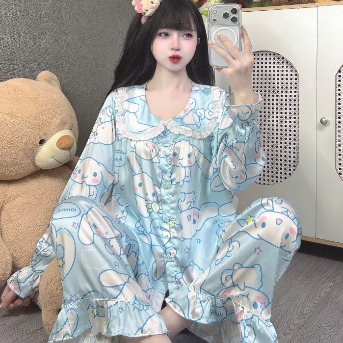 Đồ ngủ dễ thương tiểu thư, đồ bộ dài tay lụa Latin, pijama mịn mát hoạ tiết hoạt hình dễ thương [75]