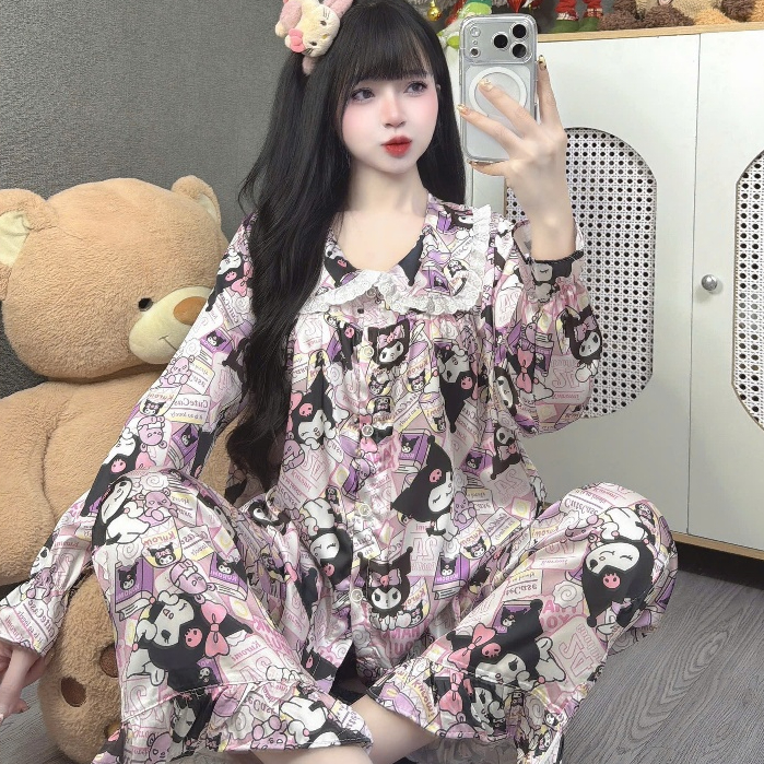 Đồ ngủ dễ thương tiểu thư, đồ bộ dài tay lụa Latin, pijama mịn mát hoạ tiết hoạt hình dễ thương [75]