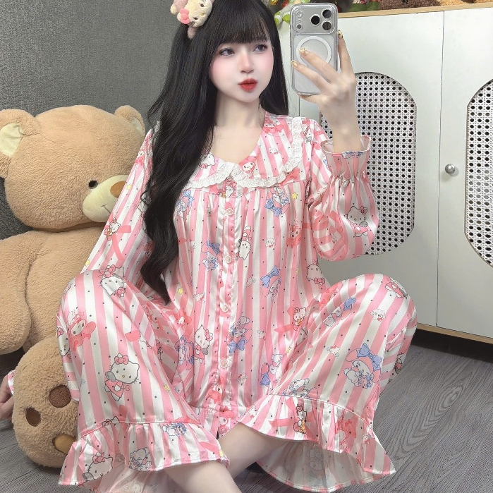 Đồ ngủ dễ thương tiểu thư, đồ bộ dài tay lụa Latin, pijama mịn mát hoạ tiết hoạt hình dễ thương [75]