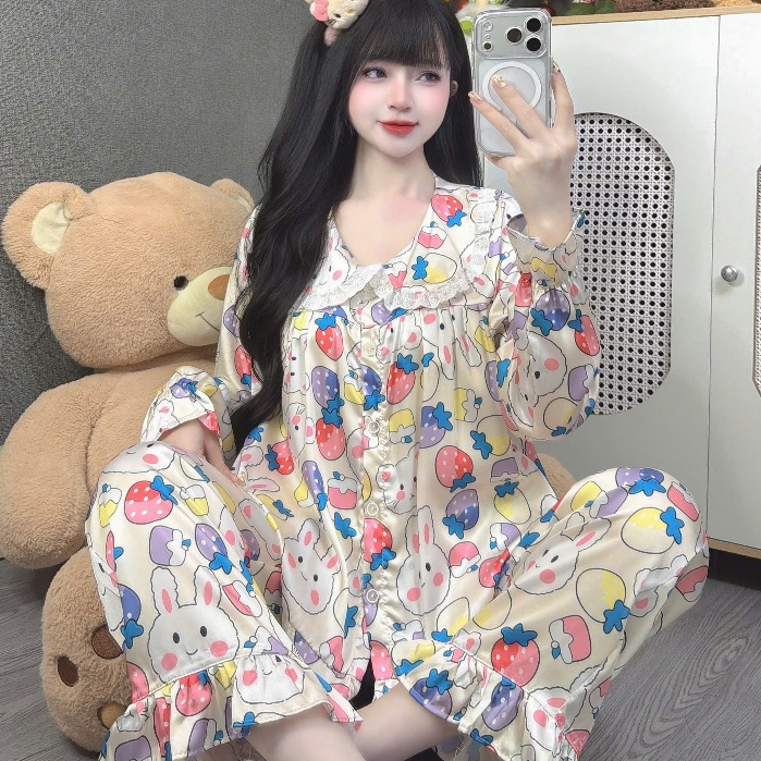 Đồ ngủ dễ thương tiểu thư, đồ bộ dài tay lụa Latin, pijama mịn mát hoạ tiết hoạt hình dễ thương [75]