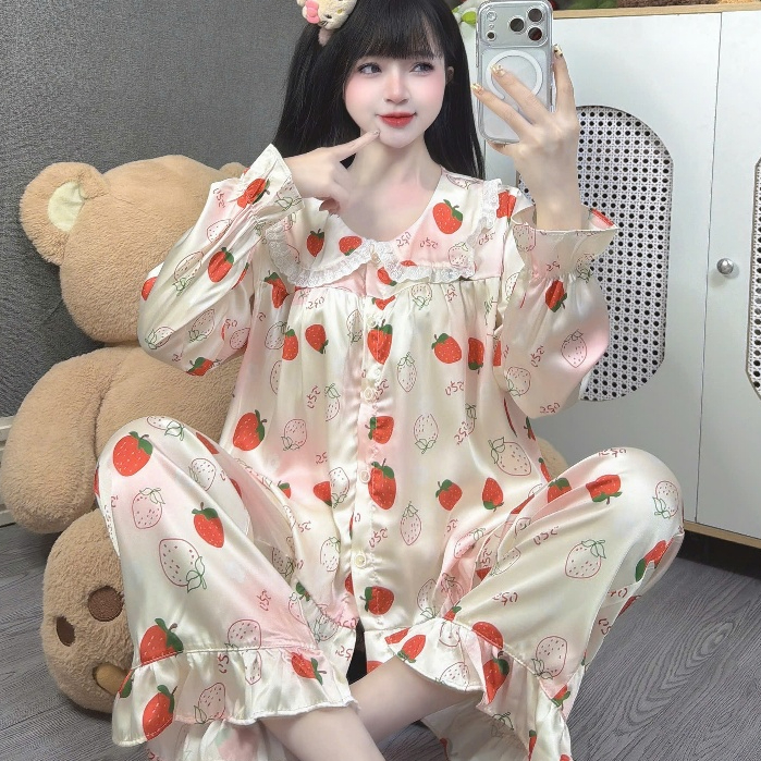 Đồ ngủ dễ thương tiểu thư, đồ bộ dài tay lụa Latin, pijama mịn mát hoạ tiết hoạt hình dễ thương [75]