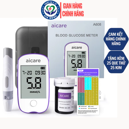 Máy đo đường huyết AICARE A608 + 25 Que Thử + 25 Kim Hàng Chính Hãng