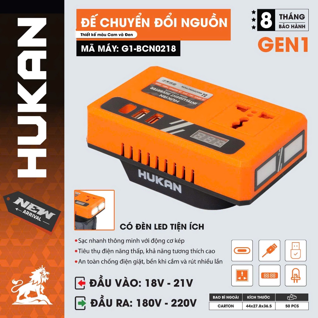 Hukan Đế Chuyển Đổi Nguồn Điện G1-BCN0218 Biến Tần 21V Sang 220V Hỗ Trợ USB 5V & Jack DC 12V Cho Quạt Mini Bóng Đèn LED