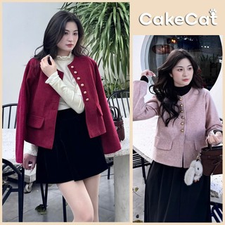 Áo Khoác Dạ Ép Cổ Tròn Dài Tay Dáng Ngắn Phối Hàng Cúc Đồng Túi Nắp Sang Chảnh Diện Tết Cakecat