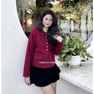 Áo Khoác Dạ Ép Cổ Tròn Dài Tay Dáng Ngắn Phối Hàng Cúc Đồng Túi Nắp Sang Chảnh Diện Tết Cakecat