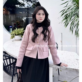 Áo Khoác Dạ Ép Cổ Tròn Dài Tay Dáng Ngắn Phối Hàng Cúc Đồng Túi Nắp Sang Chảnh Diện Tết Cakecat