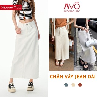 Chân váy dài Jean Bò Avo Avocado lưng cao dáng chữ A  xẻ tà độc đáo Cạp cao Ulzzang