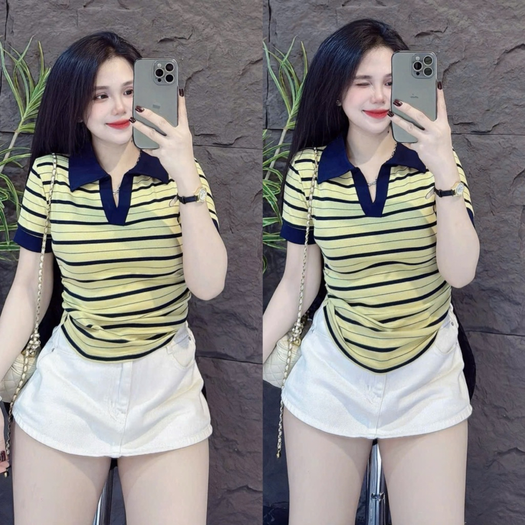Áo thun nữ Pô Lô sọc PHOM ÔM nhún eo ( Pô Lô P1112 )