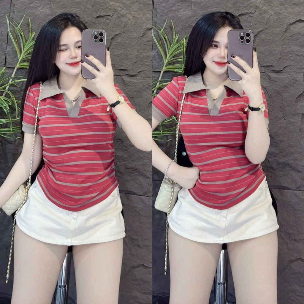 Áo thun nữ Pô Lô sọc PHOM ÔM nhún eo ( Pô Lô P1112 )