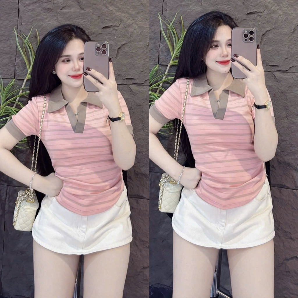 Áo thun nữ Pô Lô sọc PHOM ÔM nhún eo ( Pô Lô P1112 )