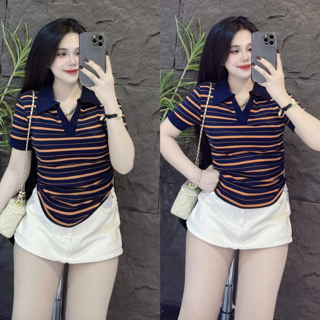 Áo thun nữ Pô Lô sọc PHOM ÔM nhún eo ( Pô Lô P1112 )