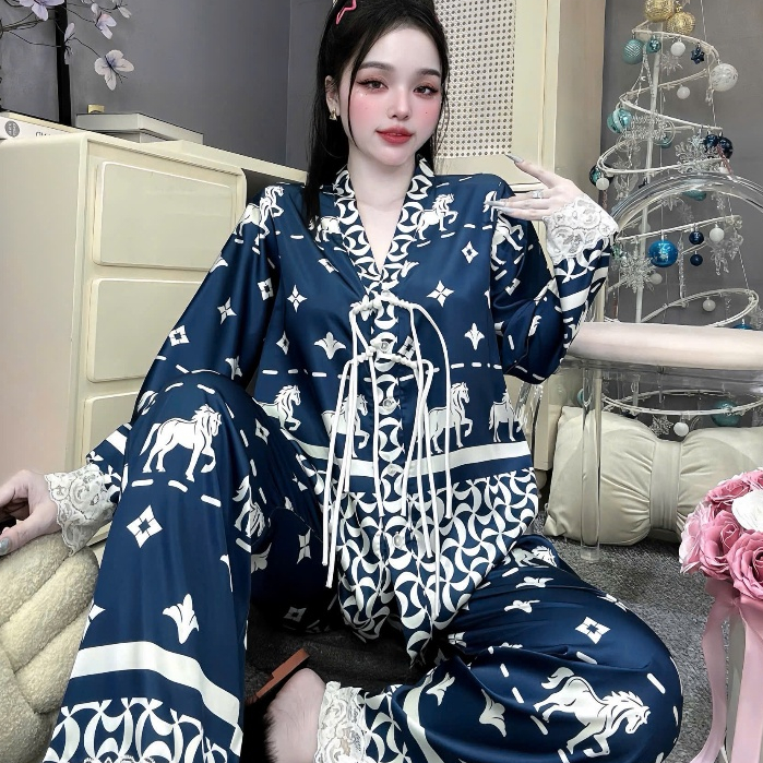 Đồ ngủ dễ thương,đồ bộ nữ đồ mặc nhà,set đồ nữ cổ Y nút thắt lụa mềm mịn mát dài tay hottrend [310]