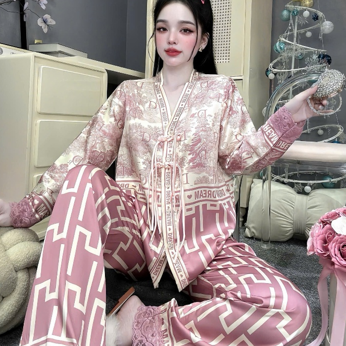 Đồ ngủ dễ thương,đồ bộ nữ đồ mặc nhà,set đồ nữ cổ Y nút thắt lụa mềm mịn mát dài tay hottrend [310]